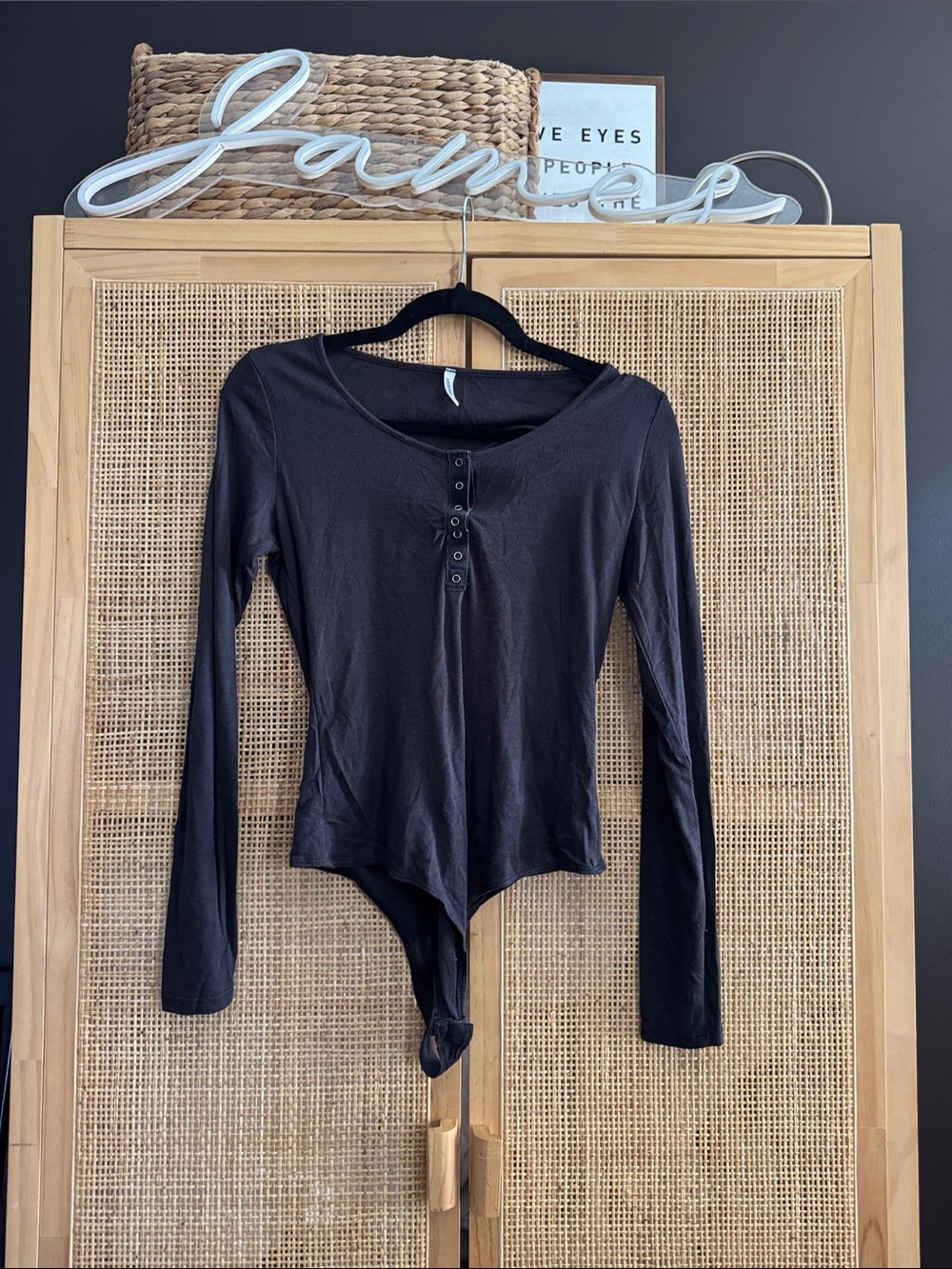 Lulu's Black Long-Sleeve Henley Bodysuit
